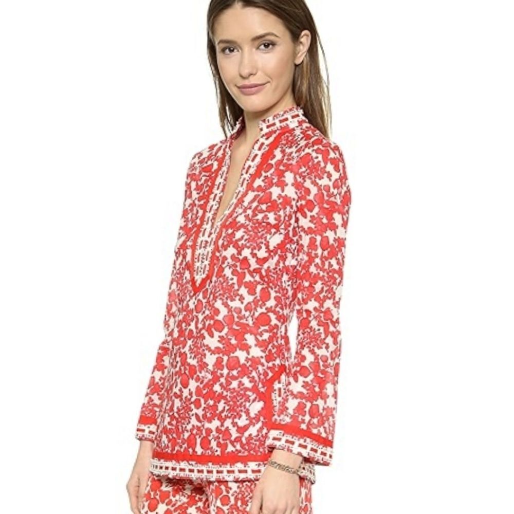 Tory Burch Red Floral Crochet Ribbon Details Blouse
